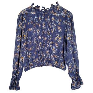 Self Esteem Sheer Floral Blouse Womens Large Navy Blue Pintuck Boho Cottage Top